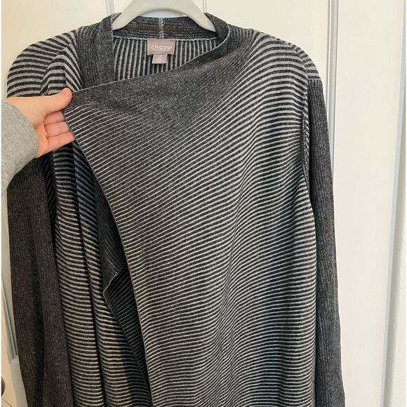 Chico’s Grey Stripe Assymetrical Cardigan Size 12 - Picture 4 of 5